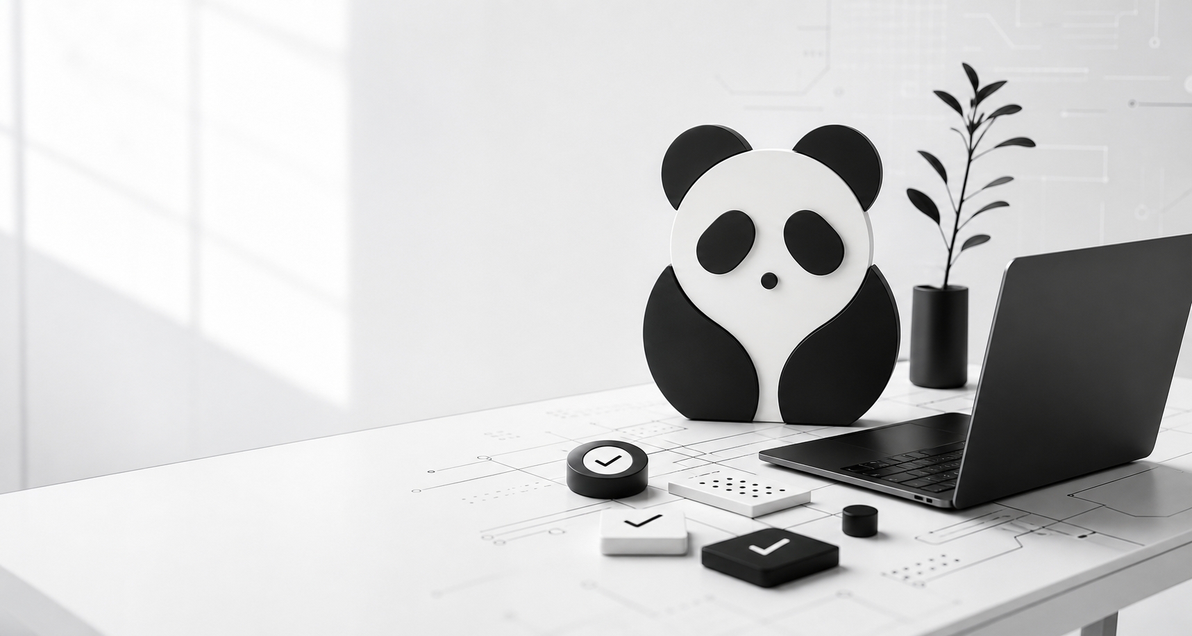 A black and white software automation workspace with panda-inspired rounded forms.