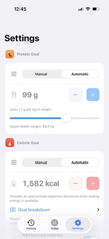 ProteinMate Settings screen with active protein and calorie goal controls.