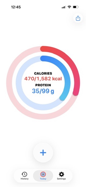 ProteinMate Today dashboard with calorie and protein progress rings, an add button, and bottom navigation.