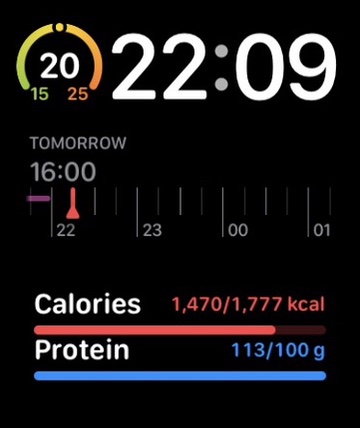 Apple Watch face with ProteinMate calorie and protein progress complications.