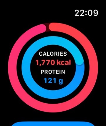 ProteinMate Apple Watch Today screen showing calorie and protein rings and current values.